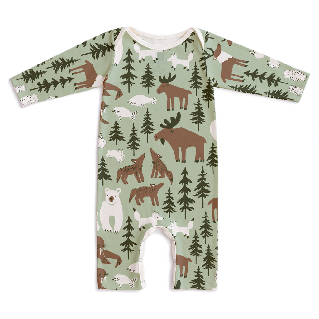 Organic Cotton Long Sleeve Romper in Norther Animals Print |  Lap Neck Opening |  Snaps at Legs | Green/Brown/White
