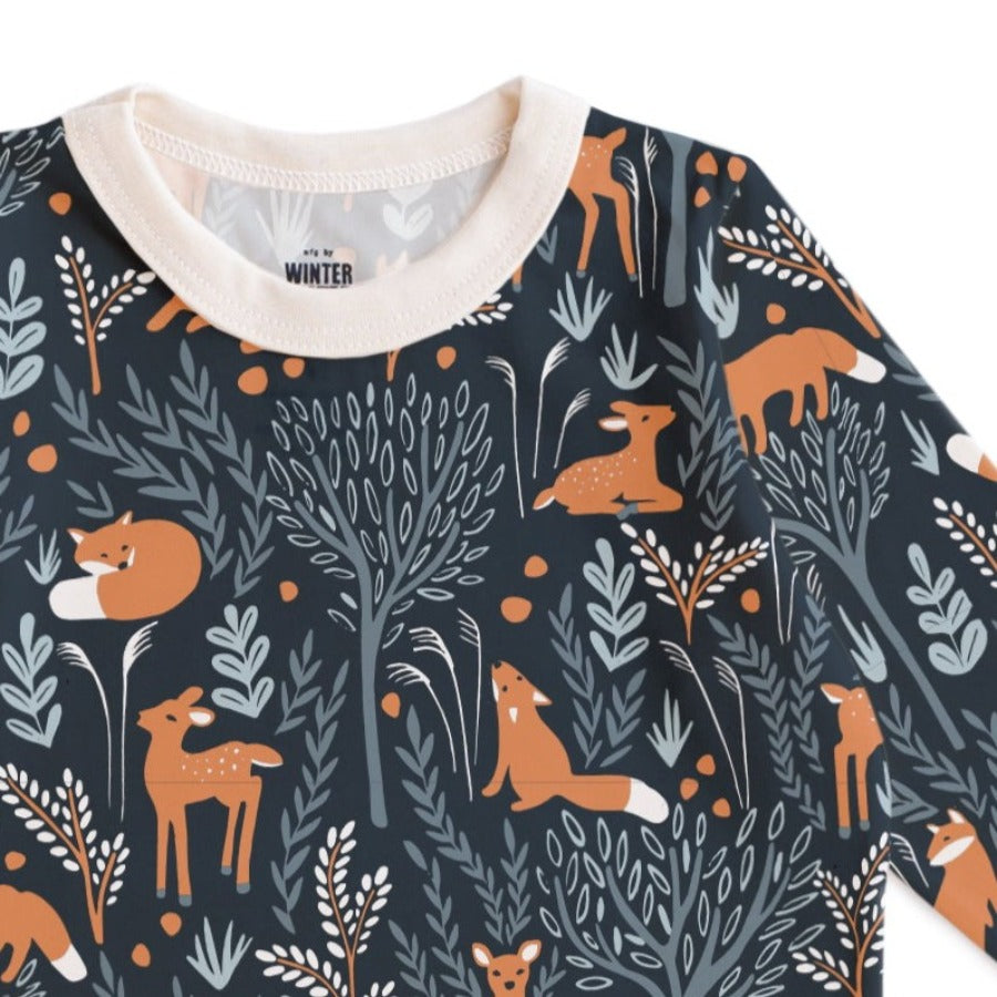 Organic Cotton Long Sleeve Tee | Blue with Deer & Fox Print | White ribbed at collar 