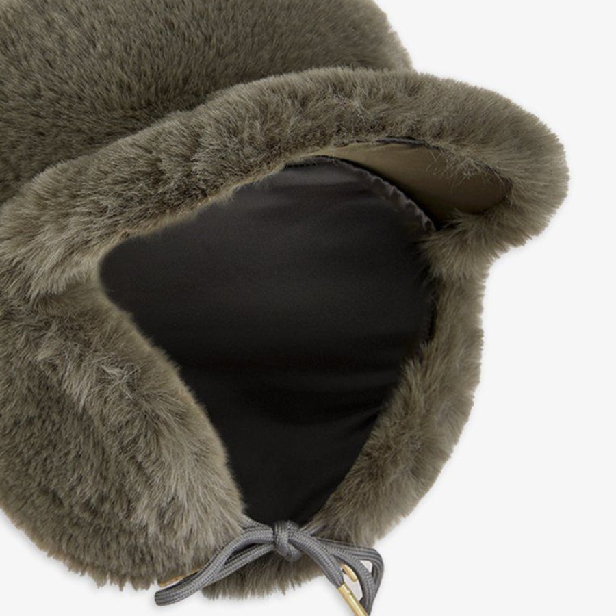 Faux fur toddler cap in gray | adjustable chin ties | soft brim  great protection for wind and cold | closeup