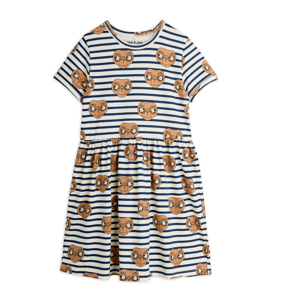 Organic cotton striped dress with E.T. print | 100% cotton | gathered at waist, full skirt | short sleeves | slight scoop neck | knee length | front of dress