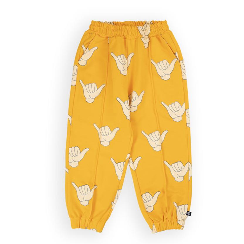 Yellow ORganic Cotton Sweatpant with Shaka hands all over; side pockets, elastic waist and ankles