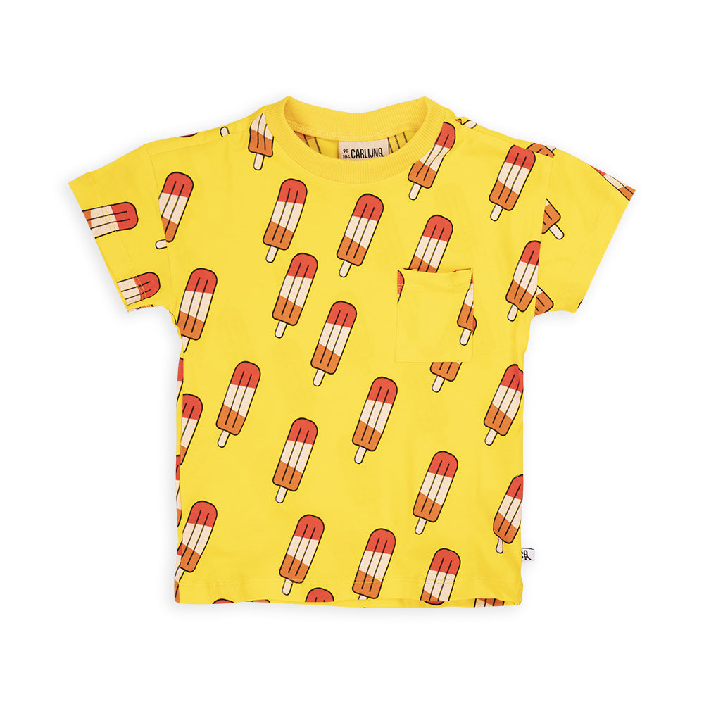 CarlijnQ Organic Cotton SS Yellow Tee | Popsicle Print  | Crew Neck | Patch Pocket on front 