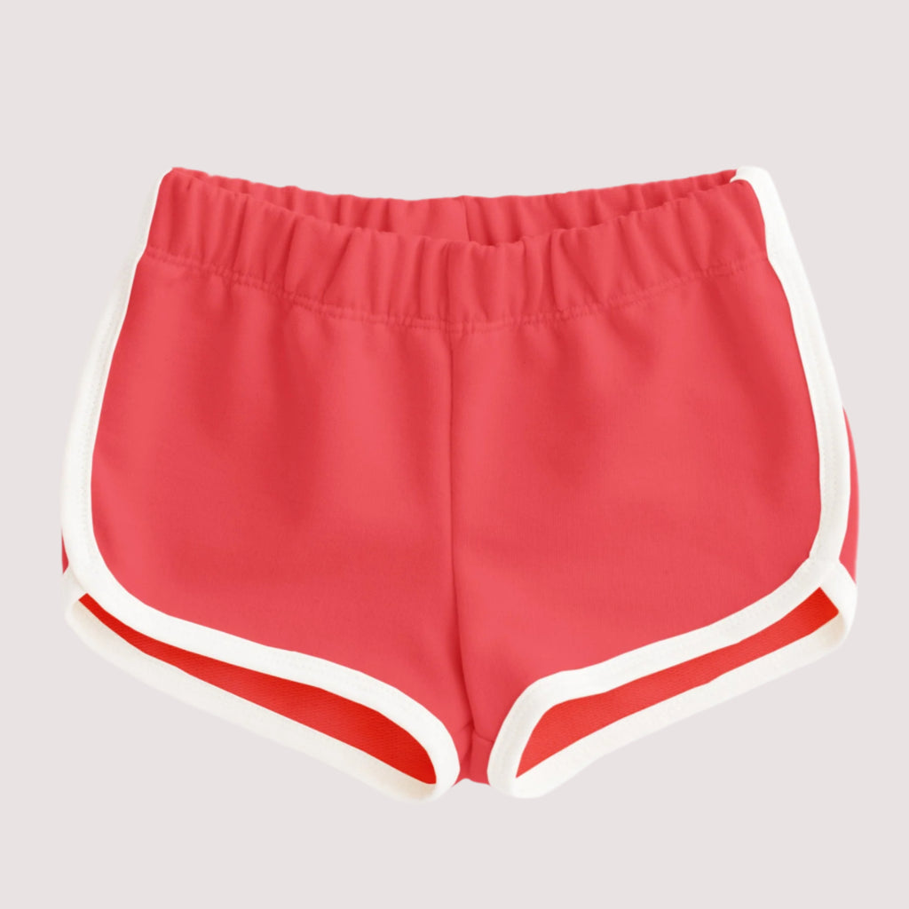 All cotton kids red summer short, white piping accent, elastic waist, short length, great for summer play