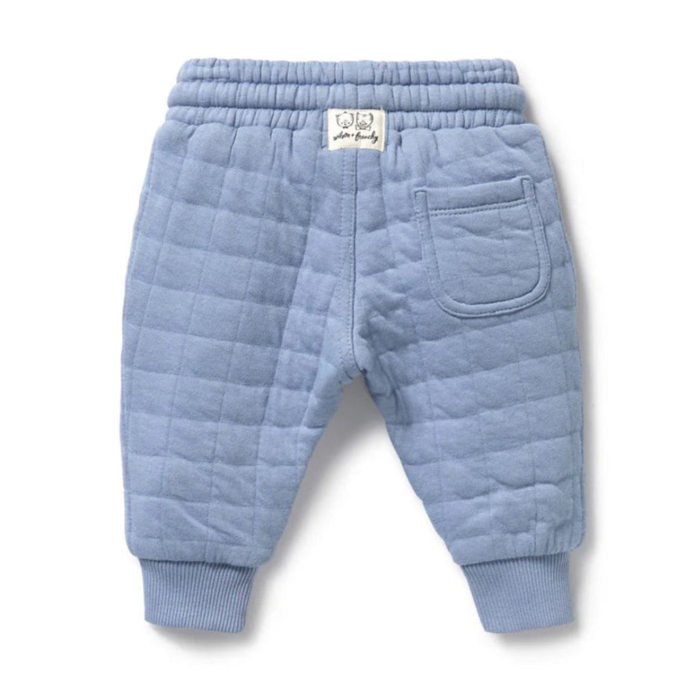 Blue mid weight quilted baby pants with a white drawstring | 100% Organic Cotton | soft elastic waist | side/back pockets | back of pant