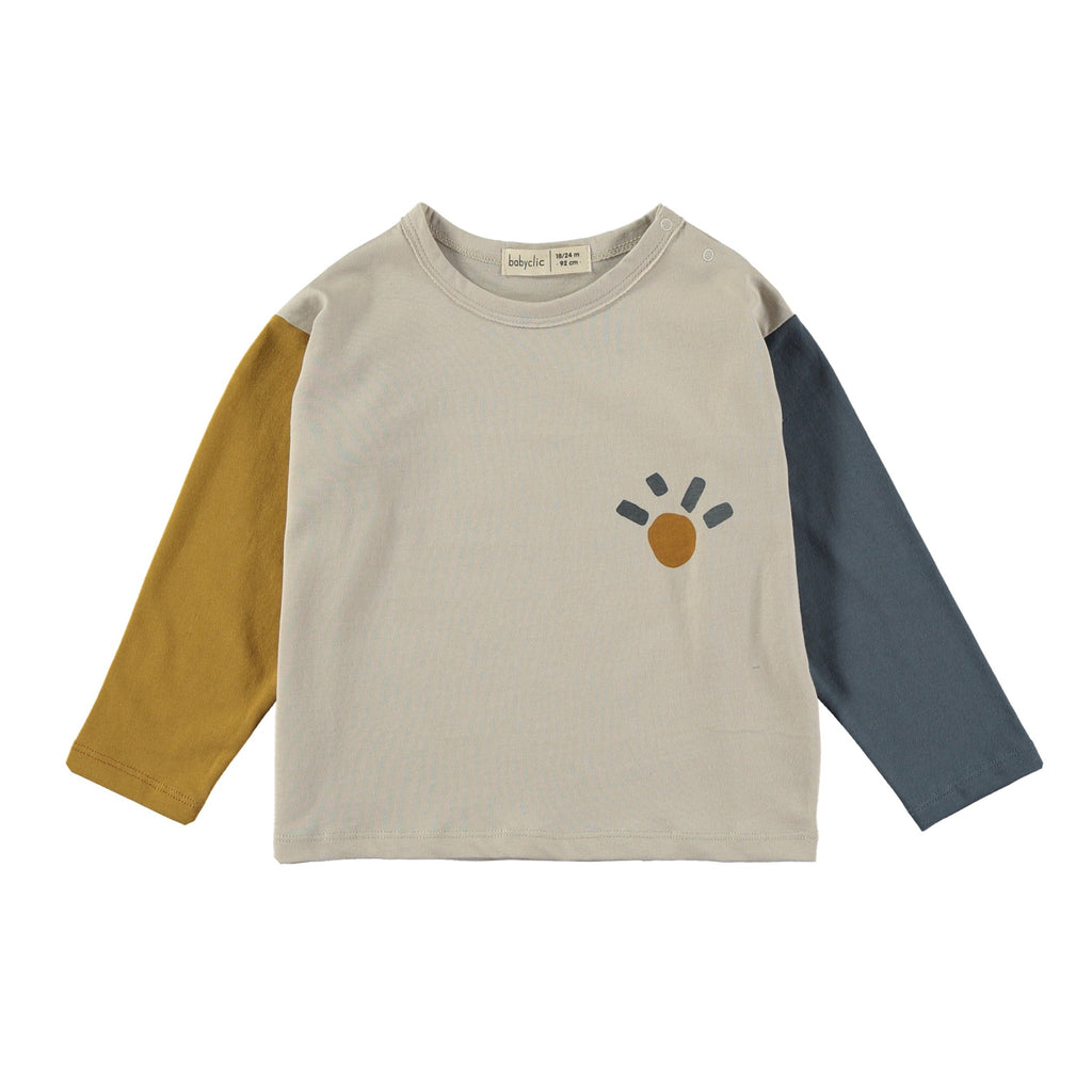 Tricolor Organic Cotton Long Sleeve Tee by quality brand Babyclic | Blue and Mustard Sleeves on this Off-White Shirt | Drop Shoulder for Comfort | single Sun graphic on front 