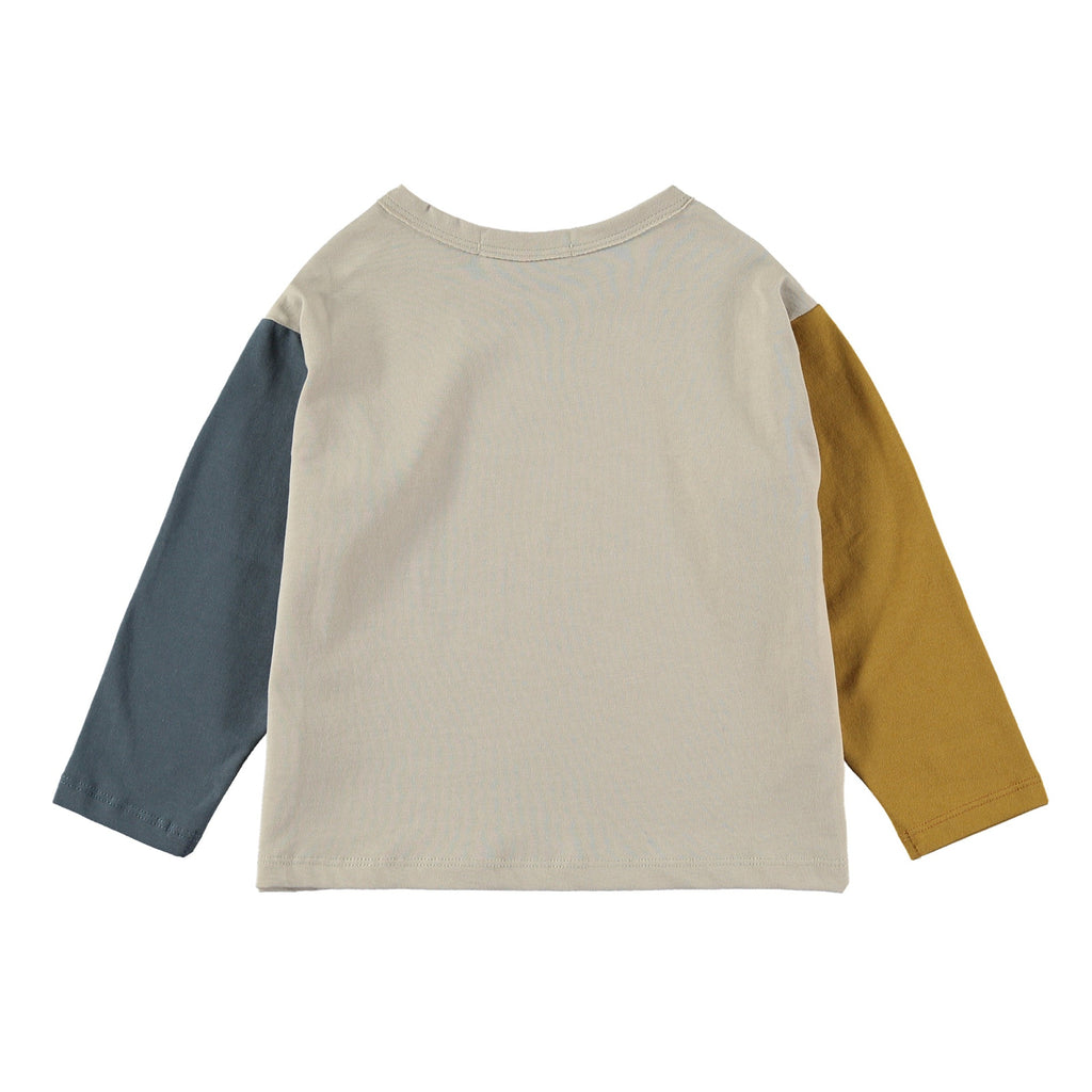 Tricolor Organic Cotton Long Sleeve Tee by quality brand Babyclic | Blue and Mustard Sleeves on this Off-White Shirt | Drop Shoulder for Comfort | single Sun graphic on front - back of shirt