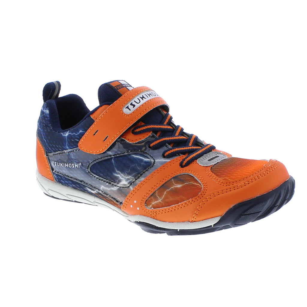 Tsukihoshi  Navy/Orange Lightning  MAKO Youth Sneakers | Velcro Close | Elastic Laces | Built for Comfort | Machine Washable | Pedorthist Friendly