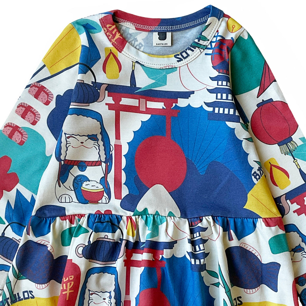 Japanese theme print cotton dress for girls | long sleeve | pullover | high waist | comfortable | closeup