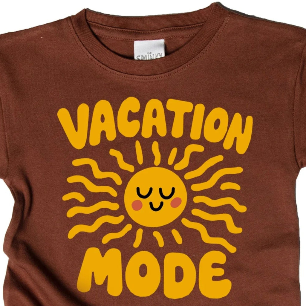 Sizes 2-8 Brown Short Sleeve T-shirt | Vacation Mode with Smiling Sun Graphic on front | organic cotton 