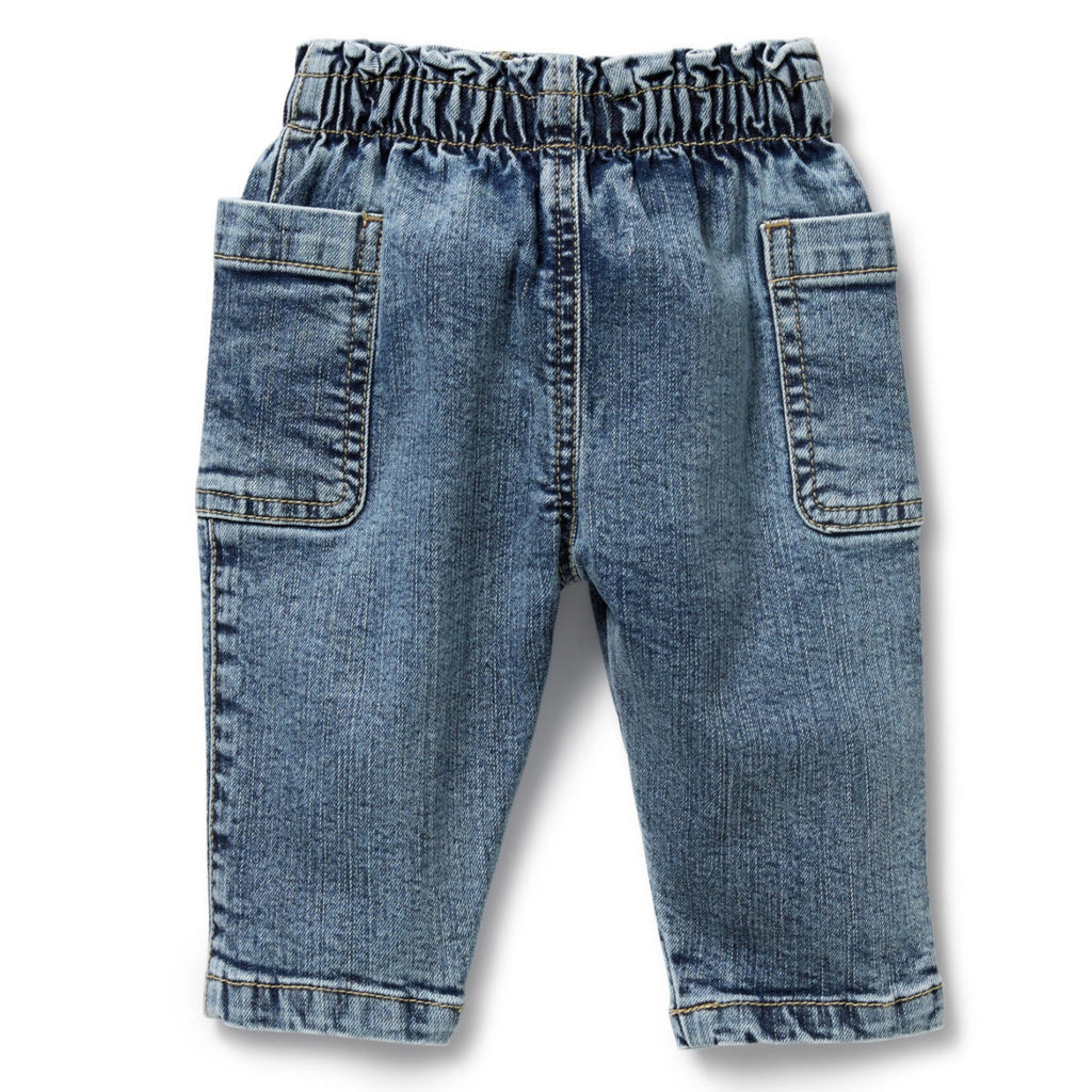 Organic cotton denim infant/toddler pant | side wrap pockets \ soft elastic waist and a front button opening | back of pant