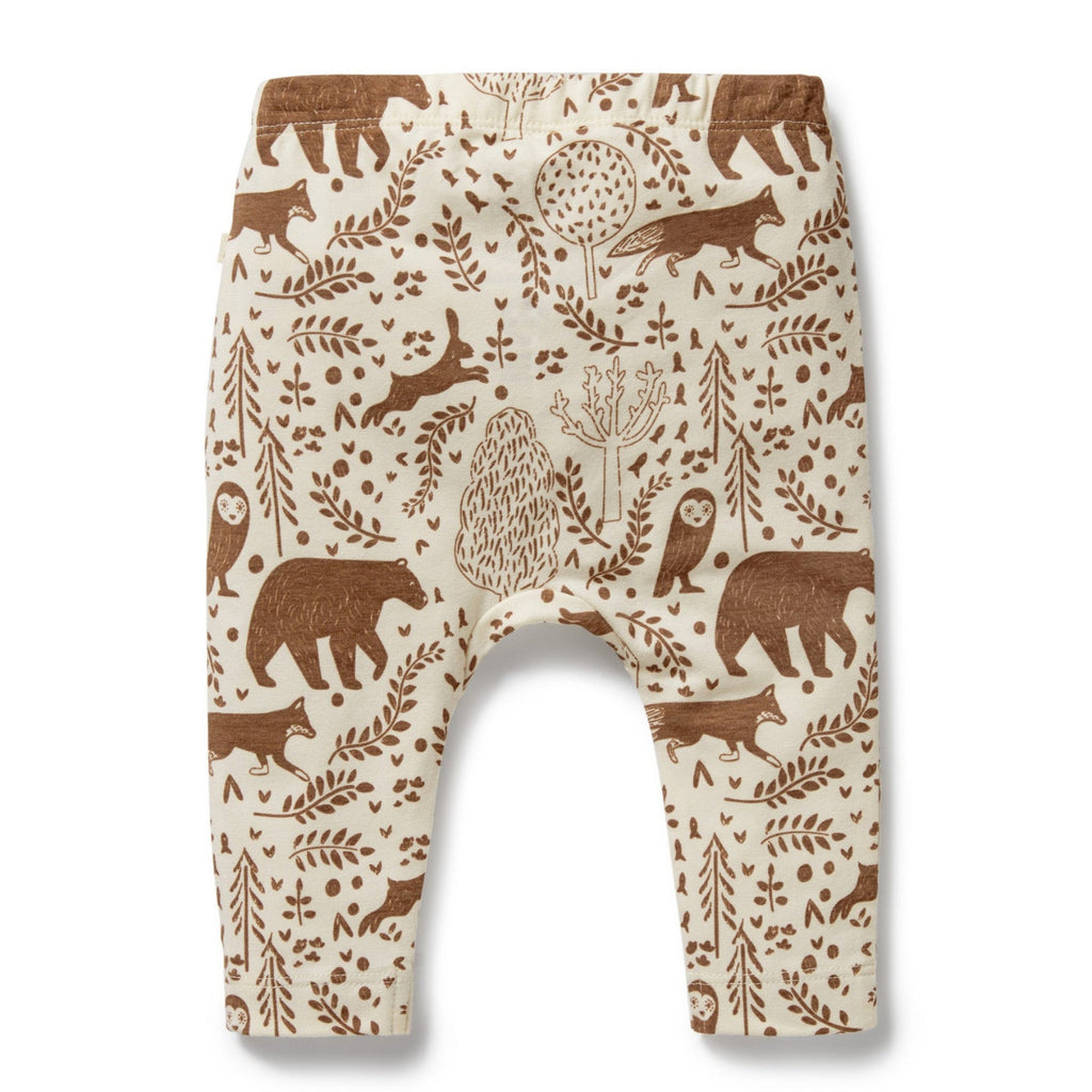 Winter forest print | organic cotton infant leggings | ecru & brown | elastic waist | open at ankle | back of pant