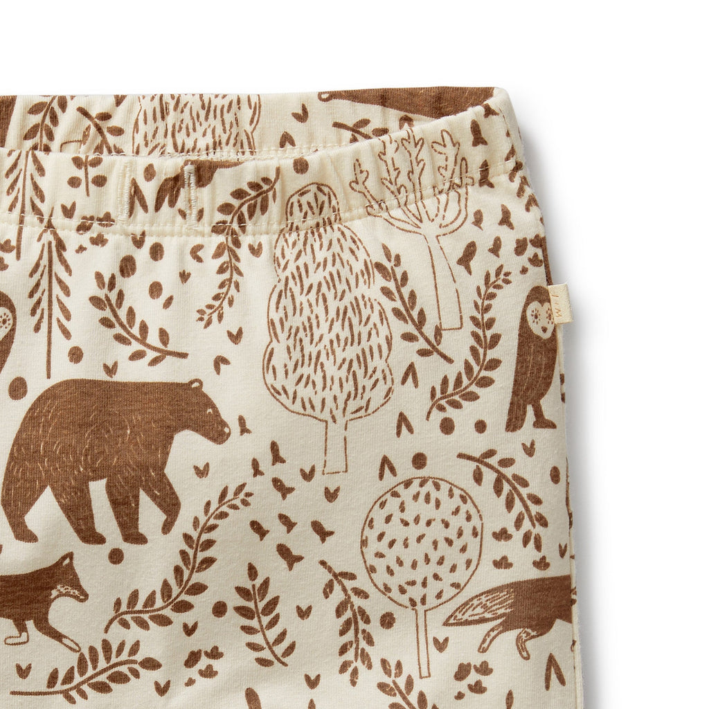 Winter forest print | organic cotton infant leggings | ecru & brown | elastic waist | open at ankle | print closeup