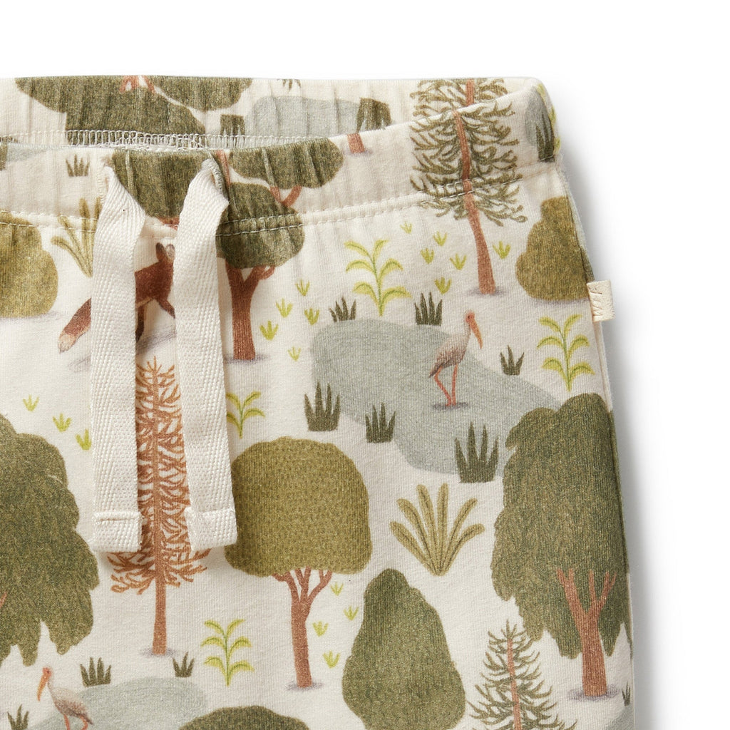 Soft, Little Trees print infant leggings | 100% organic cototn | great newborn gift | soft elastic waist with drawstring | open at ankle | closeup
