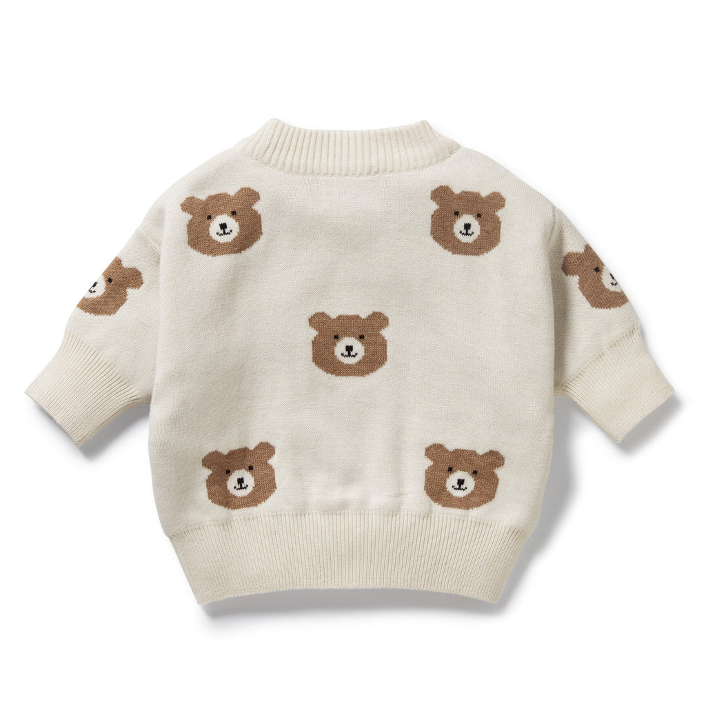 Beige knit cotton sweater with brown bear faces | infant\toddler | ribbed at wrist and waist | back