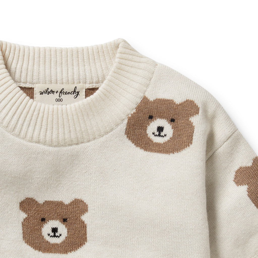 Beige knit cotton sweater with brown bear faces | infant\toddler | ribbed at wrist and waist | closeup