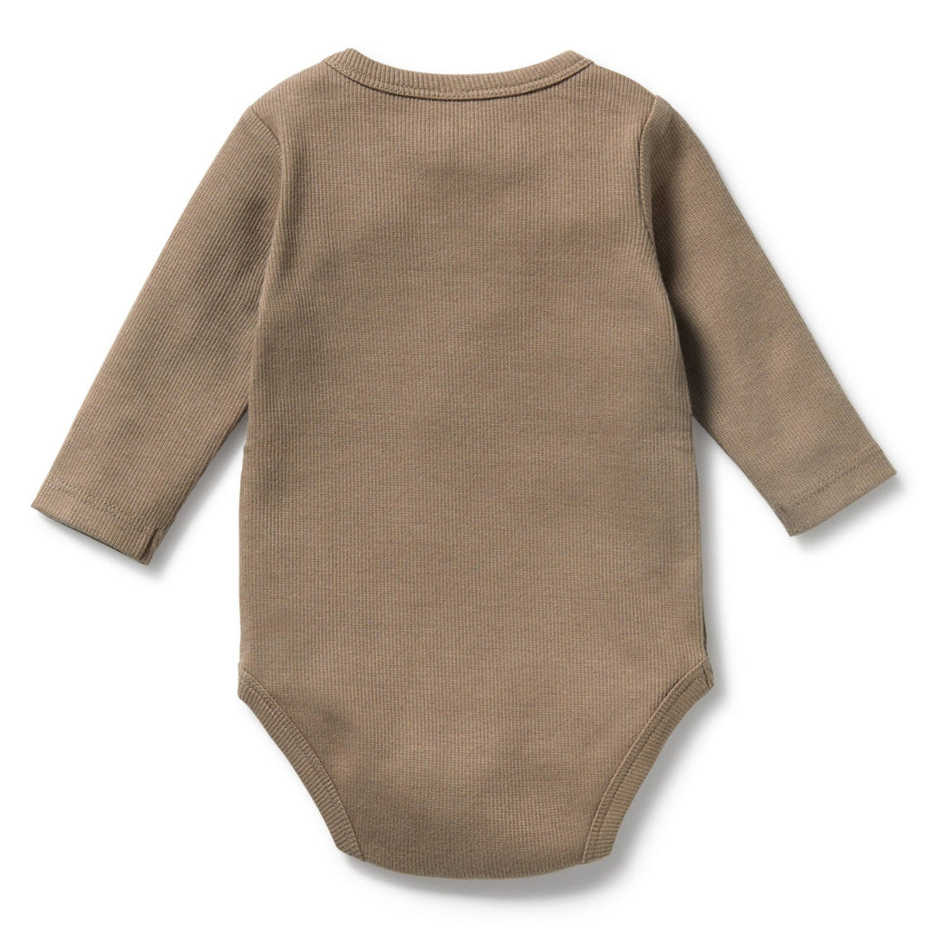 Soft ribbed, stretchy walnut color onesie | organic cotton | embroidered animal face | snaps at shoulder & legs | snug fitting | back of suit