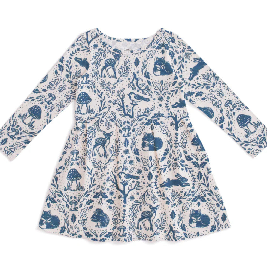 Animal Tapestry print 100% organic cotton dress | empire waist | long sleeve | delft blue & white | 2-10 yr sizes