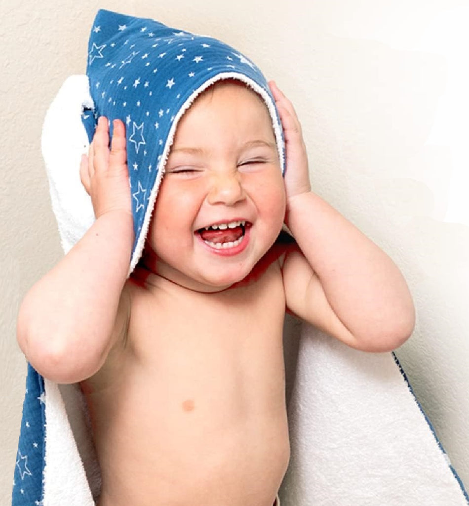 Organic cotton hooded infant bath towel | Terry on inside, muslin on outside | fun floppy ears | 28" x 28"
