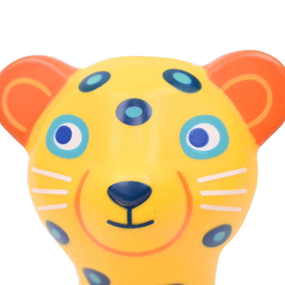 Jaguar Maracas by Djeco toys | babys first toy | ages 1 and up | brightly colored | kids love the sound | wood & plastic | closeup of head
