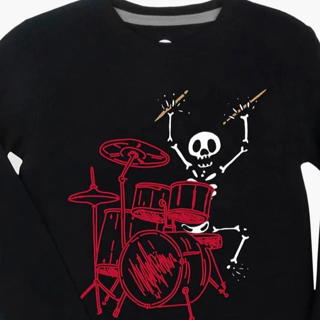Appaman Crazy Bones Long Sleeve Tee | Black Shirt  | Red & White Graphic | Skeleton Playing the Drums
