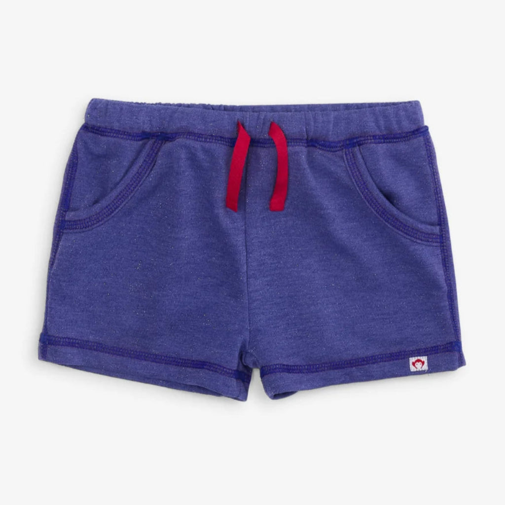 Navy Sparkle polyester shorts | metallic in fabric for a little fun | elastic waist with red drawstring | side pockets | Hemmed