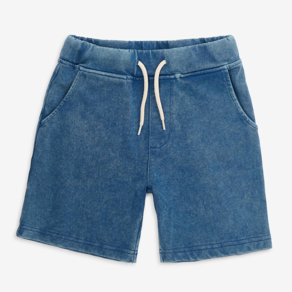 Sunwashed blue denim kids short, elastic waist, working drawstring, side pockets, sewn hem. 