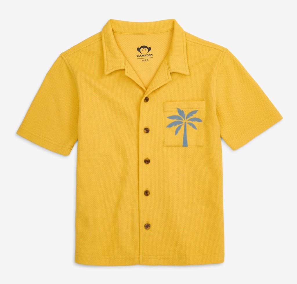 Yellow button-up short sleeve shirt | knit with weave design |  front pocket with palm print | happy face on back sporting sunglasses 