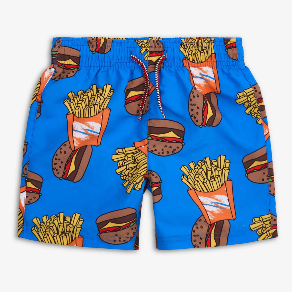 Fun burger & fries print | quick-drying fabric | for swimming / beach  | elastic waist, working drawstring