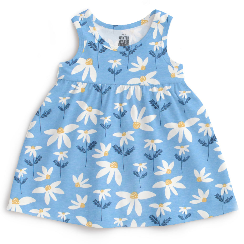 Blue all cotton infant dress with all over daisy print | sleeveless, Sies 3mo- 18mo | Made in USA | organic 