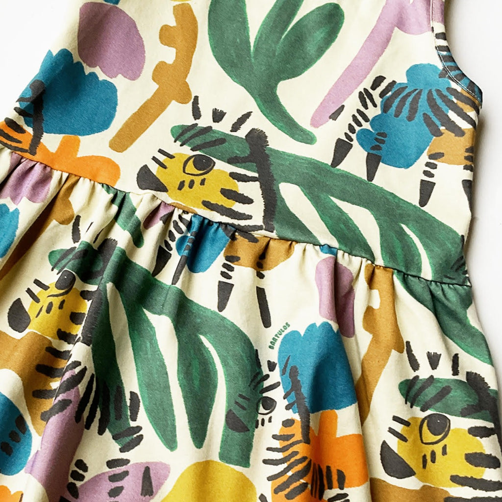 Wild Zebra Print Summer Cotton Dress by Bartulos of Argentina | Sleeveless | Offwhite Dress w/print of yellow/green/orange/blue | Scoop neck| - closeup