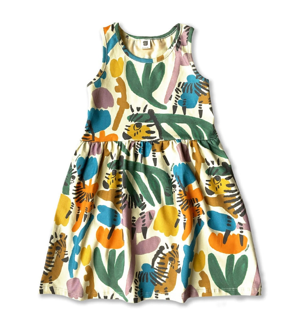 Wild Zebra Print Summer Cotton Dress by Bartulos of Argentina | Sleeveless | Offwhite Dress w/print of yellow/green/orange/blue | Scoop neck|