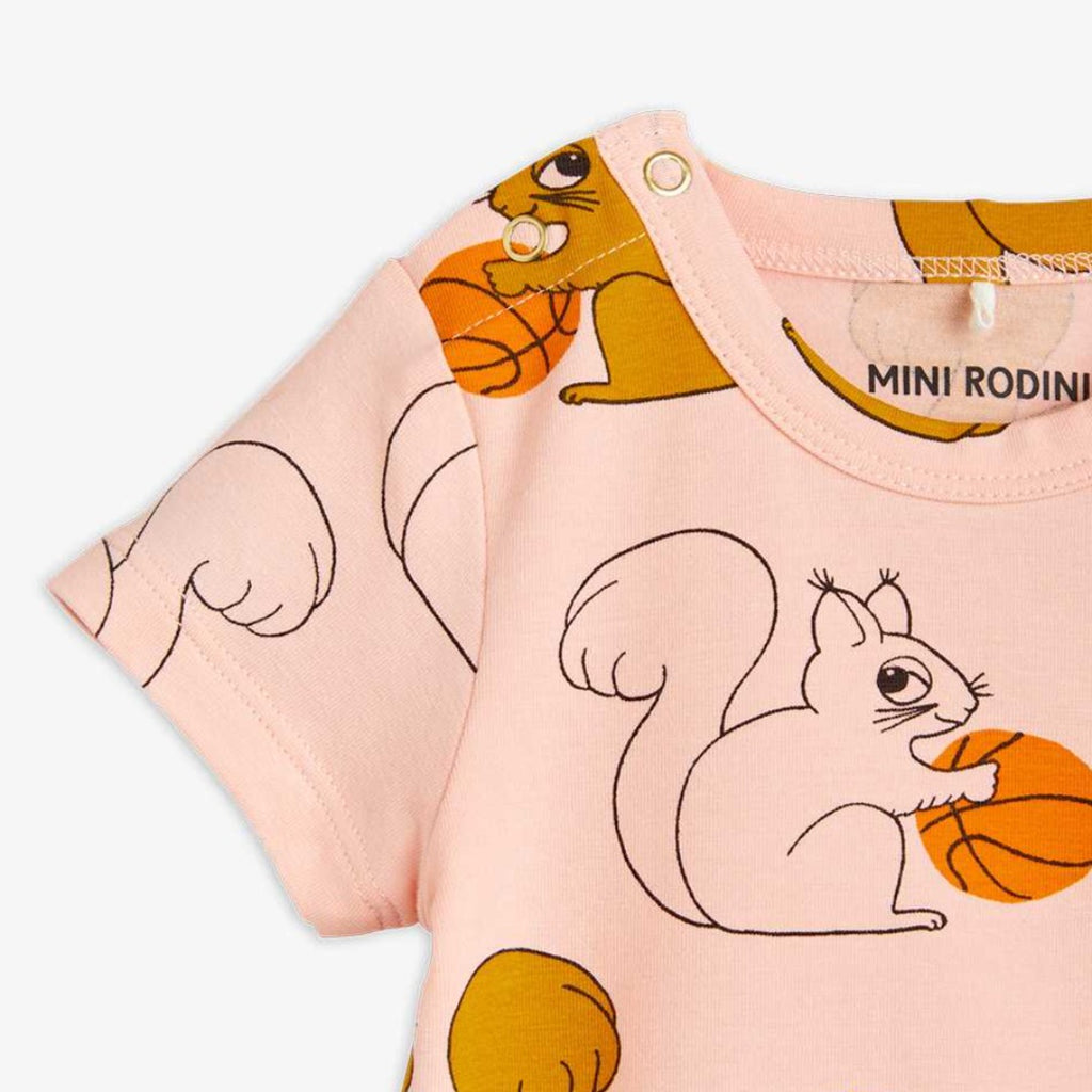 Mini Rodini Peach Onesie with Squirrel print | Short sleeve | Snap close at neck and legs 