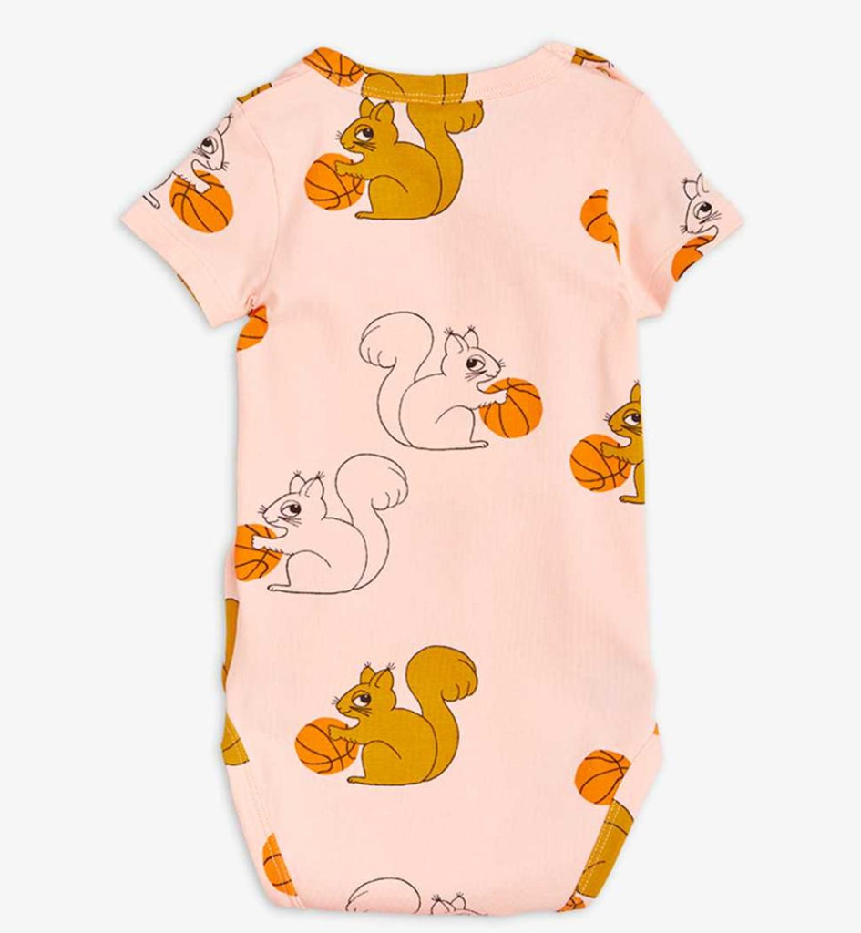 Mini Rodini Peach Onesie with Squirrel print | Short sleeve | Snap close at neck and legs  - back