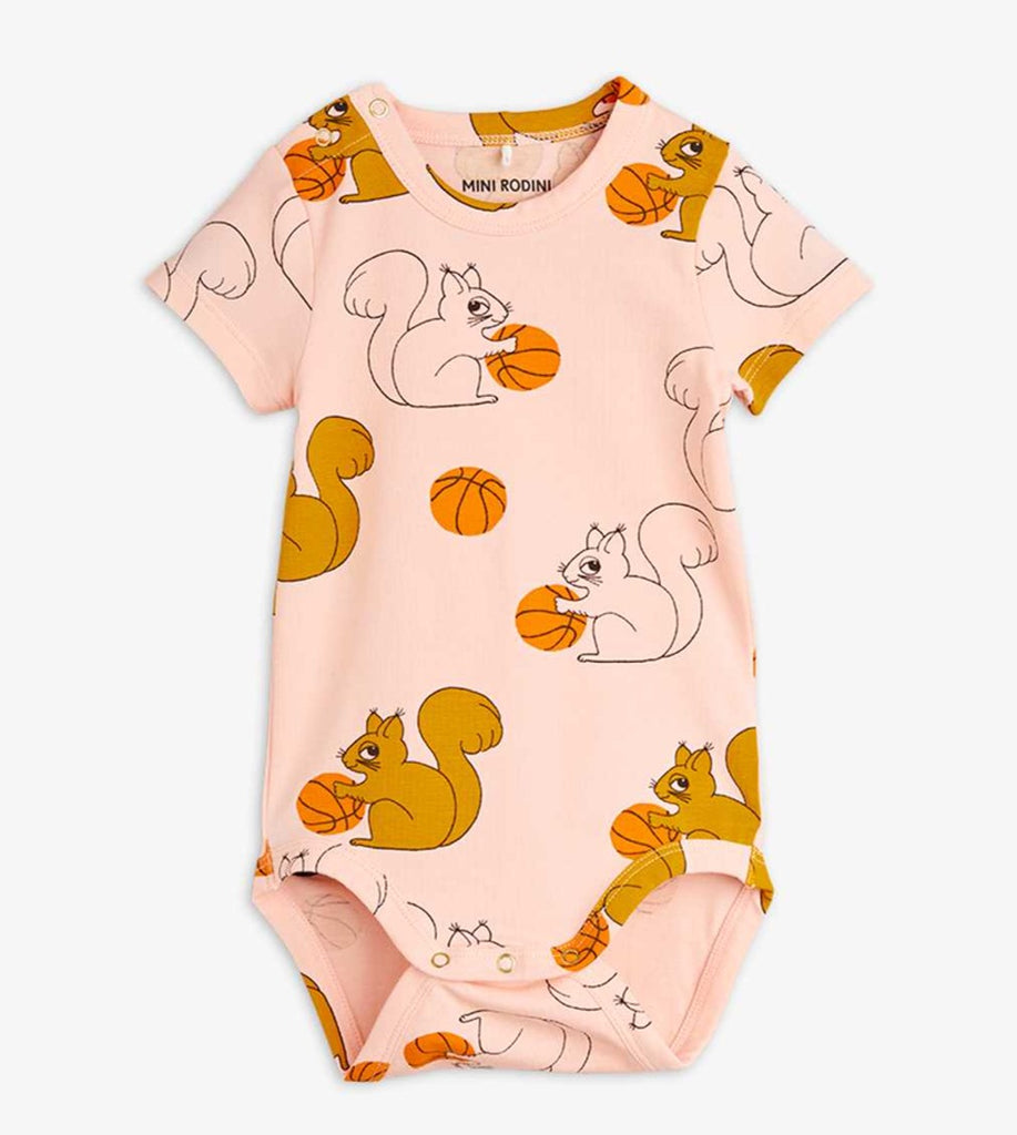 Mini Rodini Peach Onesie with Squirrel print | Short sleeve | Snap close at neck and legs 