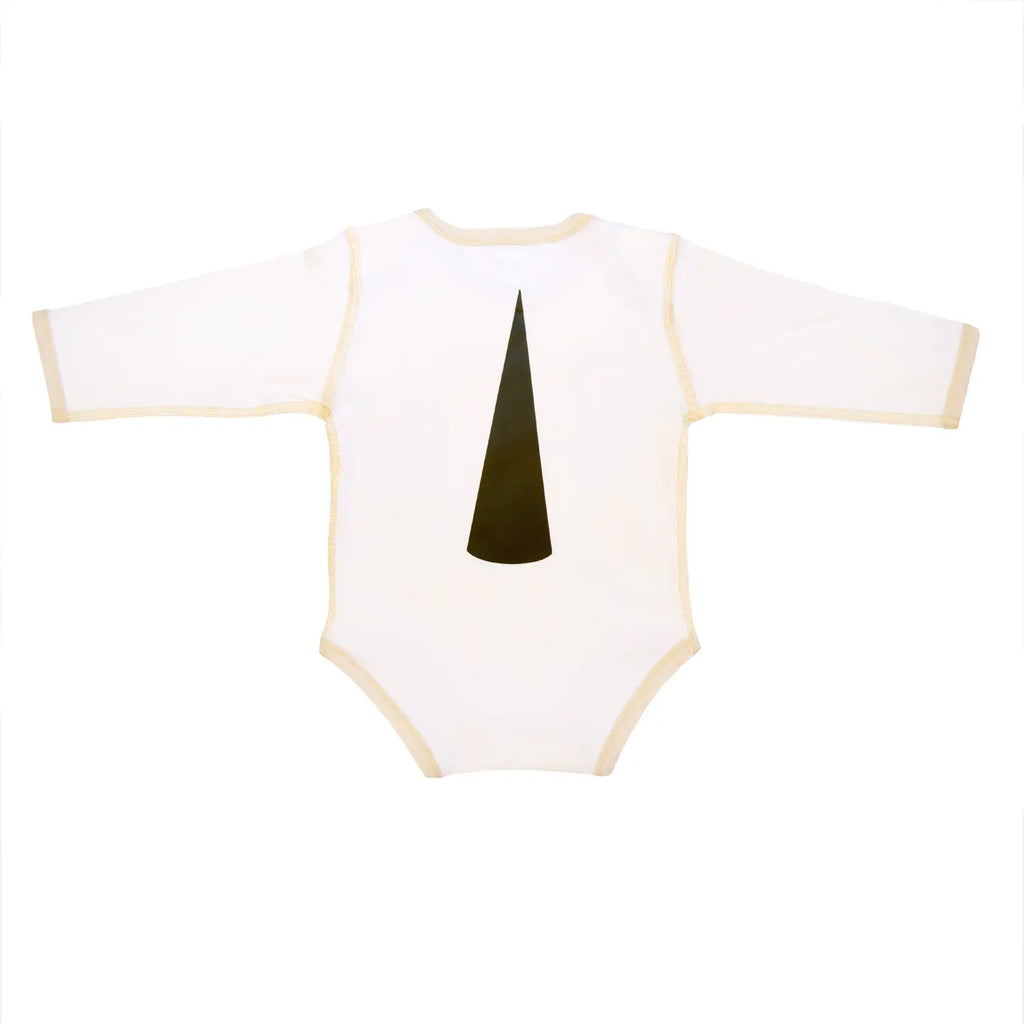 cotton long sleeve white onesie | cute bee graphic on front, | stinger graphic on back | beige trim | back of onesie