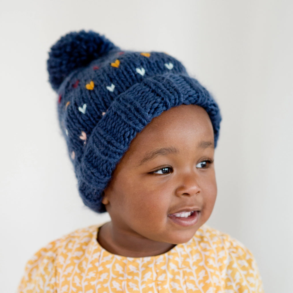 Blue Acrylic Hand Knit Baby Hat with Pom-Pom | Navy with Heart Pattern  | Rolled Cuff  