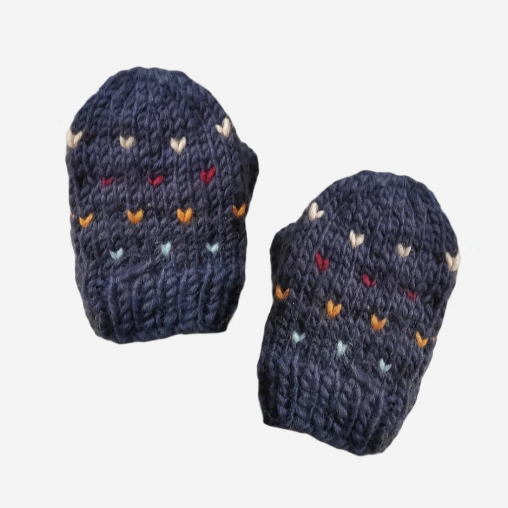 Navy Toddler Mittens with Heart Pattern | With Thumbs | Acrylic Hand Kint