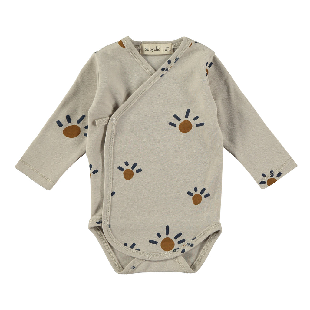 Sunny Days Long Sleeve Infant Onesie | Organic Cotton | Wrap Close w/Snaps | Clay Grey | High Quality | by Babyclic of Spain 