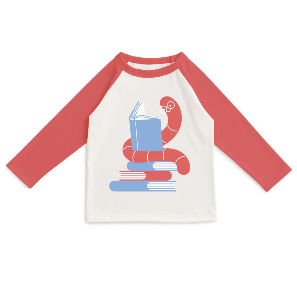 Long sleeve kids tee with bookworm graphic on front only | organic cotton | from USA based Winter Water Factory