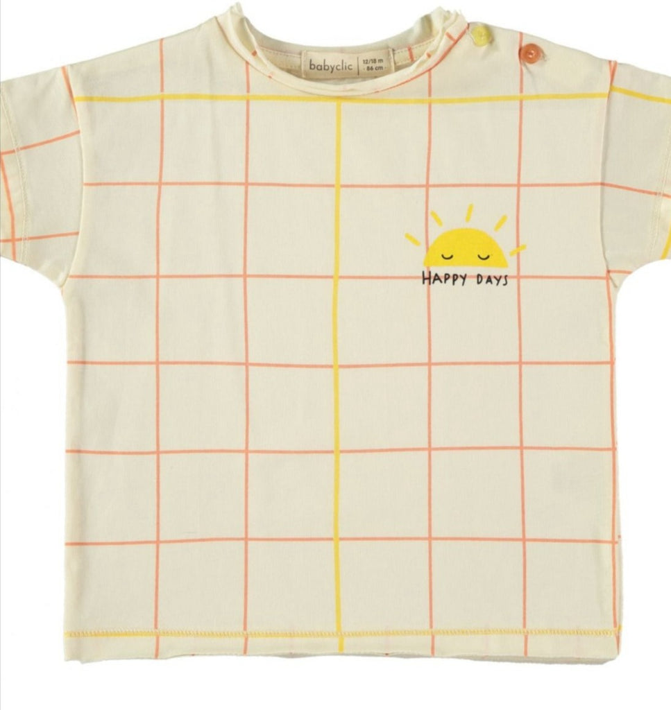 Organic Cotton Short Sleeve Tee in Red/Yellow Grid Print | Happy Days Motif on Front | Button Close at Shoulder on Smaller Sizes