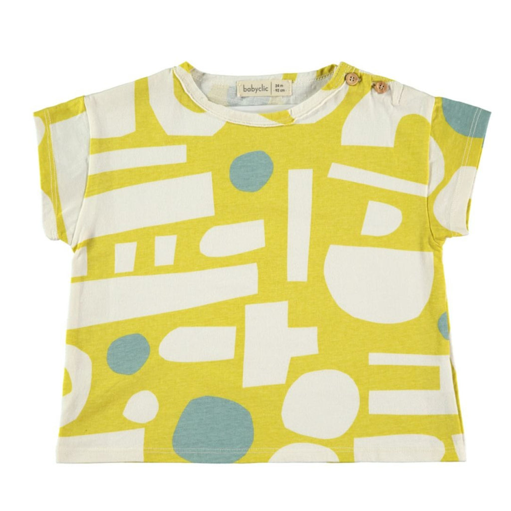 Lemon Color Geometric Print Summer Tee | Organic Cotton | short Sleeve | Button close at shoulder on infant sizes | front of shirt