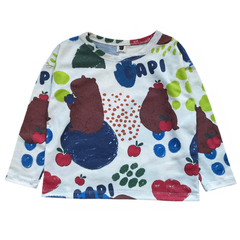 Children's long-sleeve shirt with colorful fruit and cute cuddly capybara design | organic cotton | long sleeves, open at wrist | round neck 