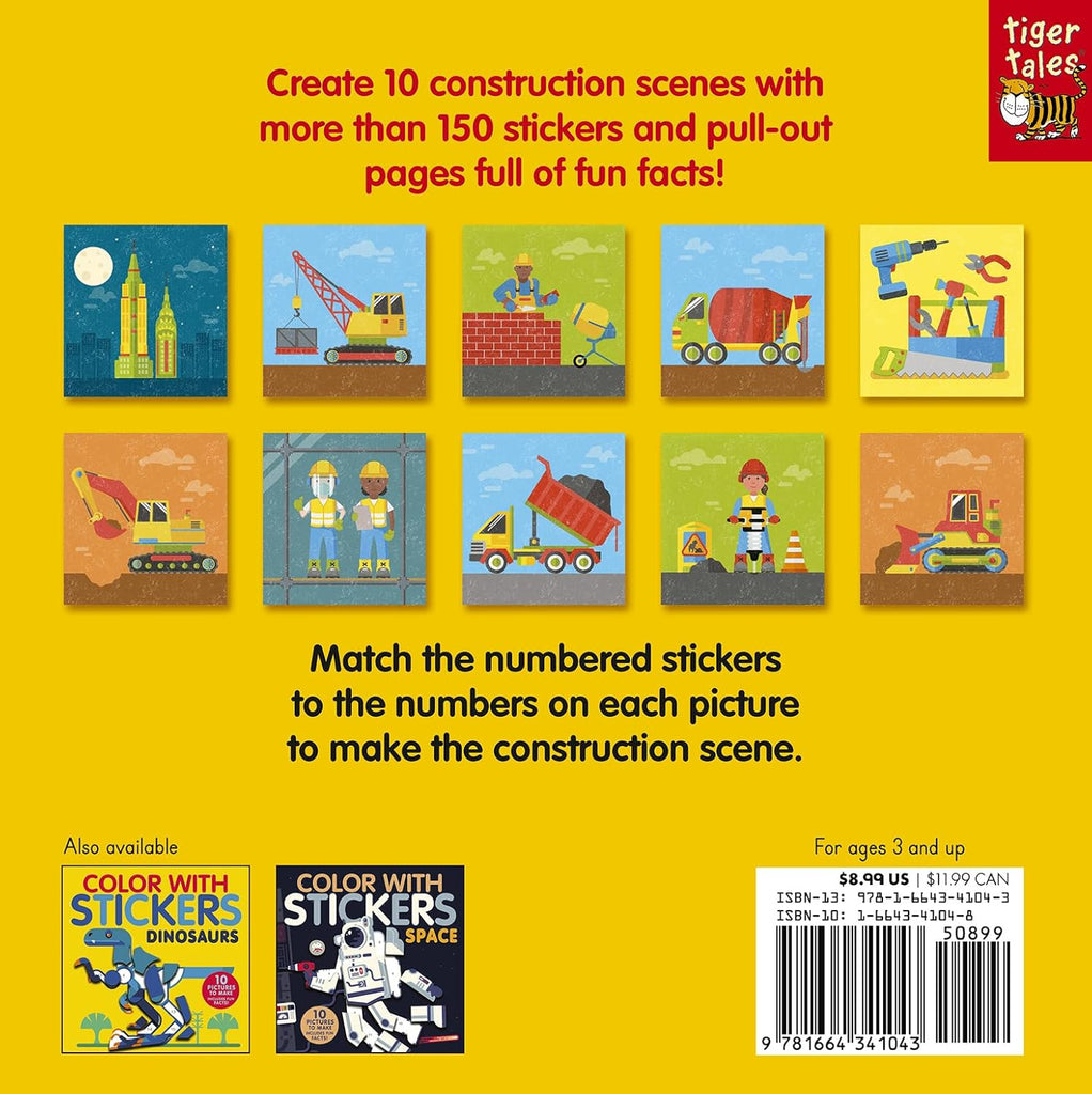 Children create construction scenes by matching numbered stickers to numbered grids on pull-out pages. Pull out pages for sharing, >150 stickers. Ages 3 and up. 10 pages. back cover