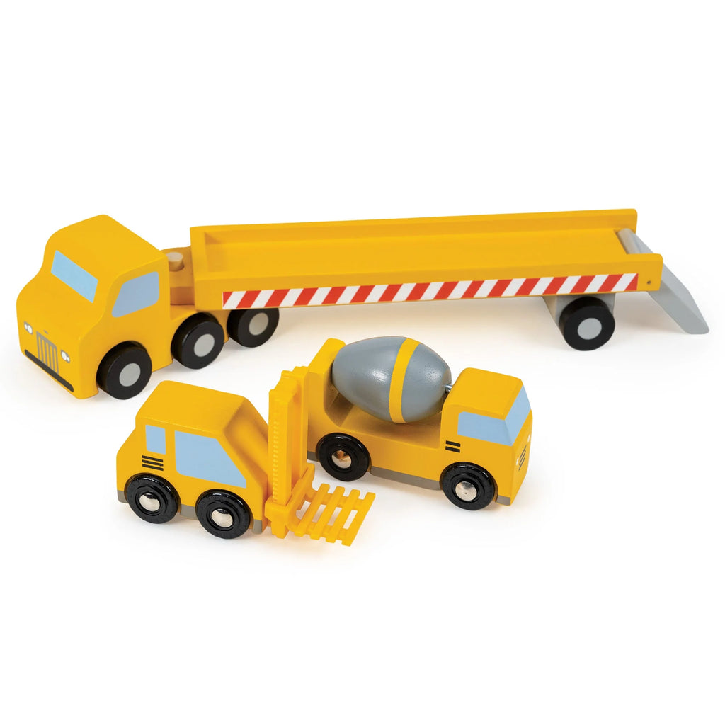 Wooden toy tranporter truck with 2 vehicles (cement truck & forklift) 
| vehicles can be taken off and played with separately | Ages 3+