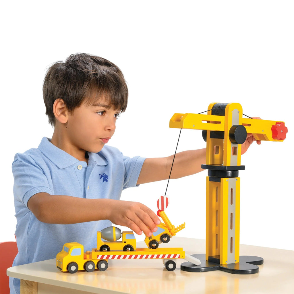 Wooden toy tranporter truck playing in conjunction with wooden crane set | Ages 3+