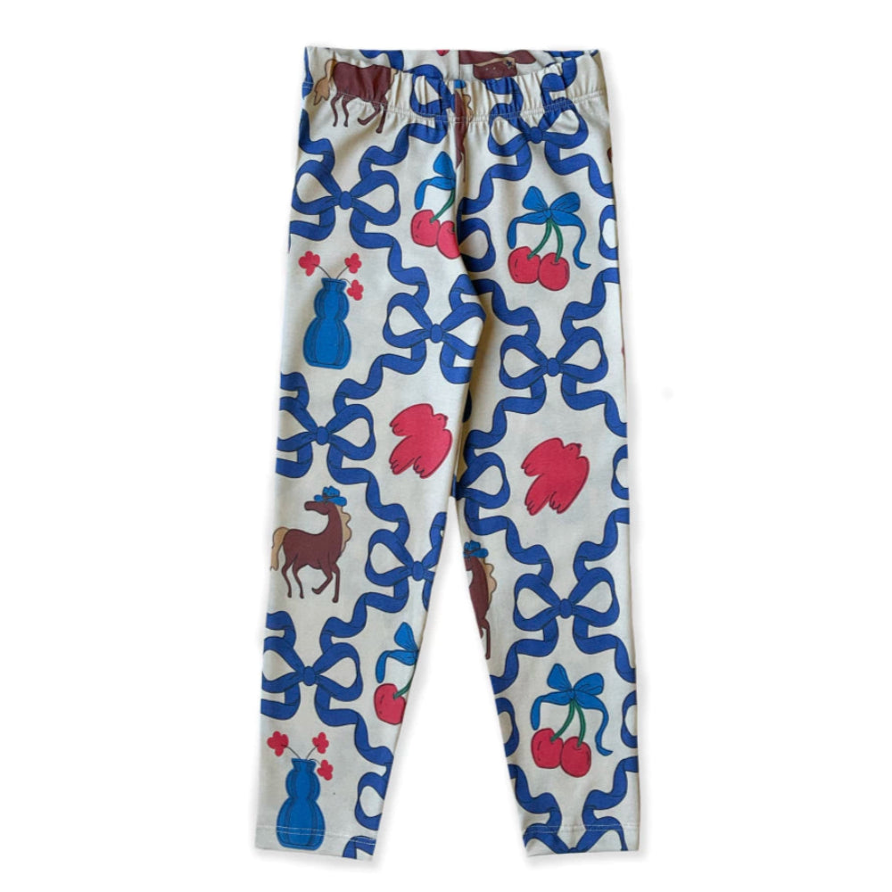 All over blue bow print with various drawings in reds, blues and browns