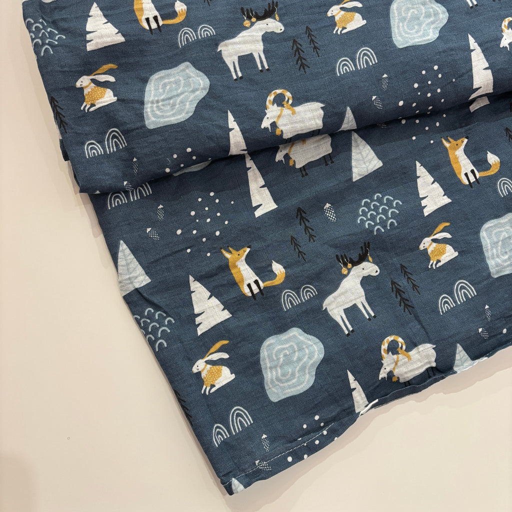 Cotton muslin infant swaddle | 45 x 45" \ Dark blue with Woodland animals