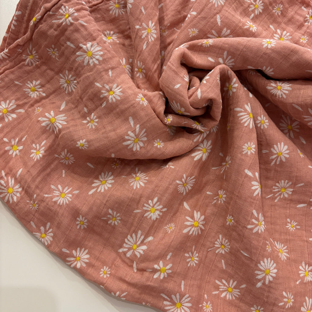 Cotton muslin infant swaddle | 45 x 45" \ Mauve pink with daisy flowers