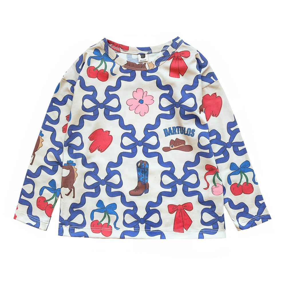 All over blue bows print on white long sleeve tee | all cotton | From Argentina designer | front of shirt