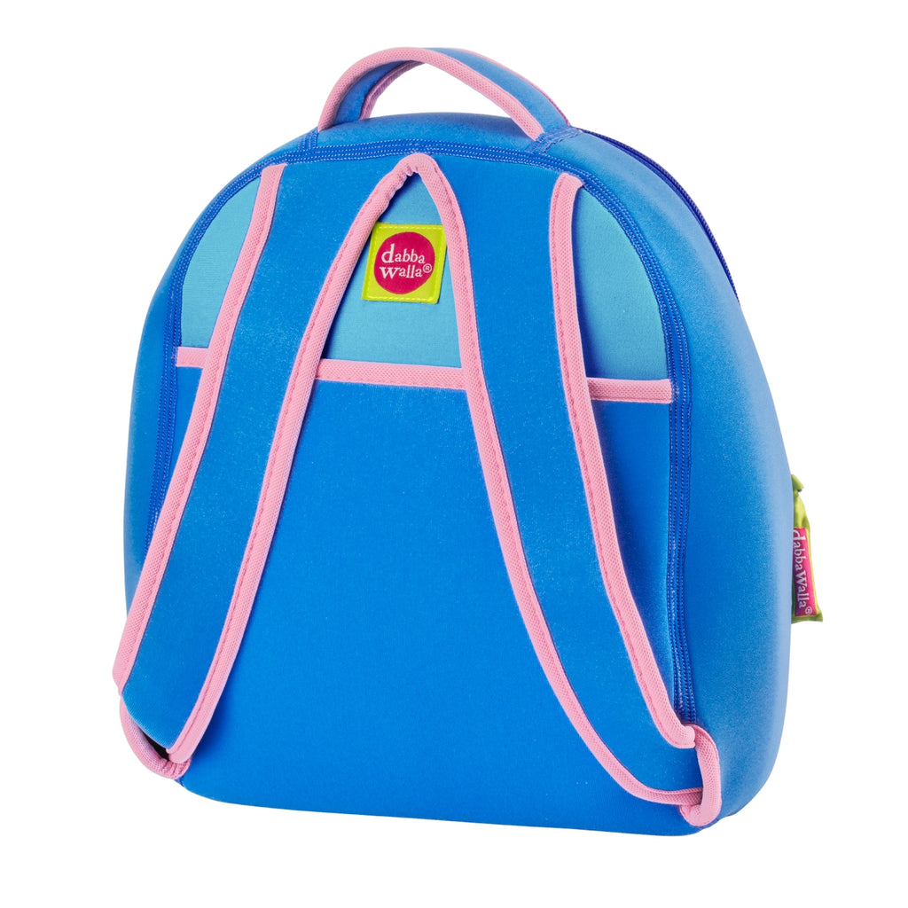 Washable  Dabbawalla Pre-School/Elementary School Backpack in Blue with Flower Motif - back view